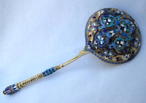 RUSSIAN 84 GILT SILVER CLOISONNE ENAMEL SERVING SPOON MOSCOW 1888