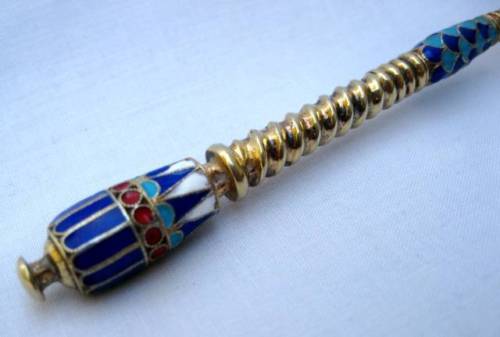 RUSSIAN 84 GILT SILVER CLOISONNE ENAMEL SERVING SPOON MOSCOW 1888