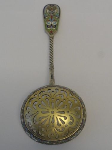 Antique Russian silver 88 cloisonne enamel tea strainer by Ivan Khlebnikov