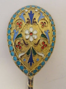 Antique Russian silver 84 cloisonne enamel spoon by Ivan Saltykov, 4.8 inches