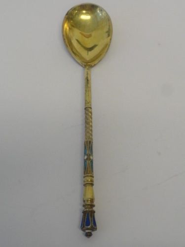Antique Russian silver 84 cloisonne enamel spoon by Ivan Saltykov, 4.8 inches