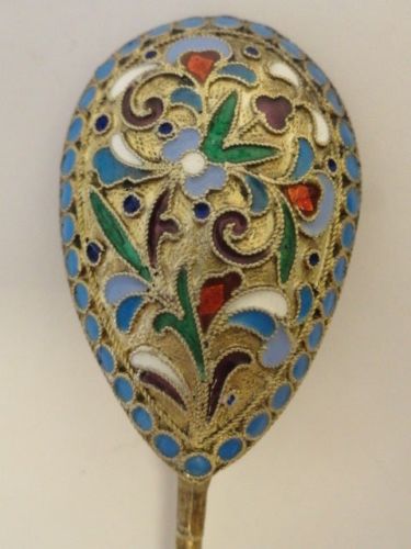 Antique Russian silver 84 cloisonne enamel spoon marked EP, 5.25 inches