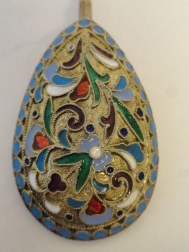 Antique Russian silver 84 cloisonne enamel spoon marked EP, 5.25 inches