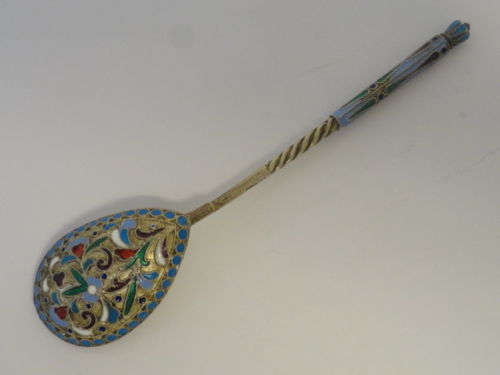 Antique Russian silver 84 cloisonne enamel spoon marked EP, 5.25 inches