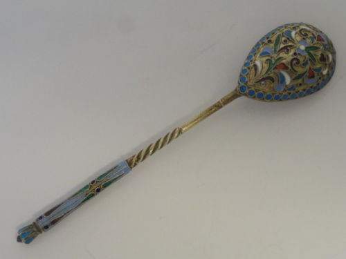 Antique Russian silver 84 cloisonne enamel spoon marked EP, 5.25 inches