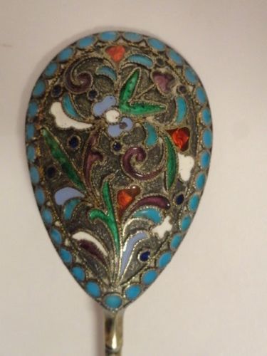 Antique Russian silver cloisonne enamel spoon. Length is 5 inches circa 1908